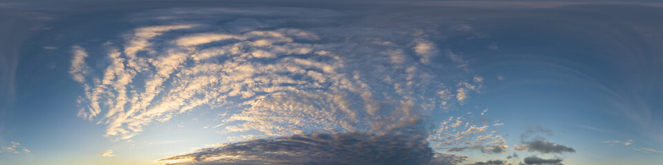 Dark blue twilight sky panorama with Cirrus clouds. Seamless hdr 360 panorama in spherical equiangular format. Full zenith or sky dome for 3D visualization, sky replacement for aerial drone panoramas