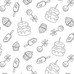 the pattern is seamless with sweets on a white background with black lines. Vector poster with cakes, cupcake, popsicle, cake pops.