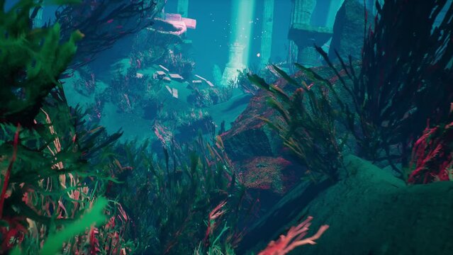 Underwater Temple, Corals, Fish 3D Animations Rendering CGI 4K