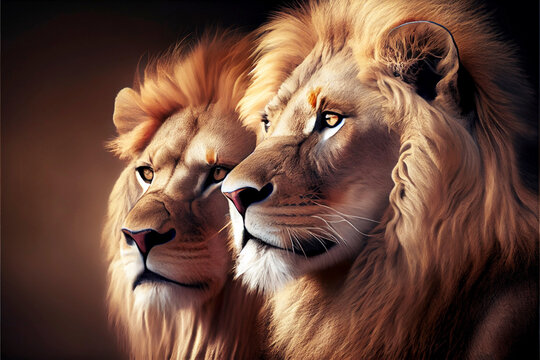 Portrait of two wild african lions. Generative Ai Art. Dark studio background.