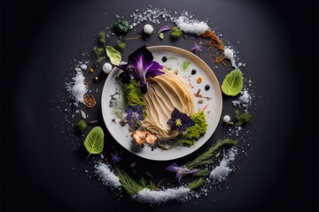 Top view of Michelin star restaurant dish - obrazy, fototapety, plakaty