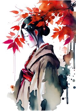 Japanize Geisha Watercolor Wall Art. Generativ AI