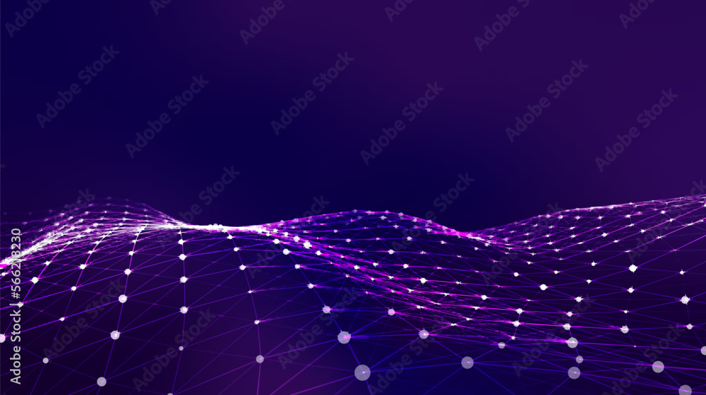 Poster futuristic moving wave. digital background with moving glowing particles and lines. big data visuali