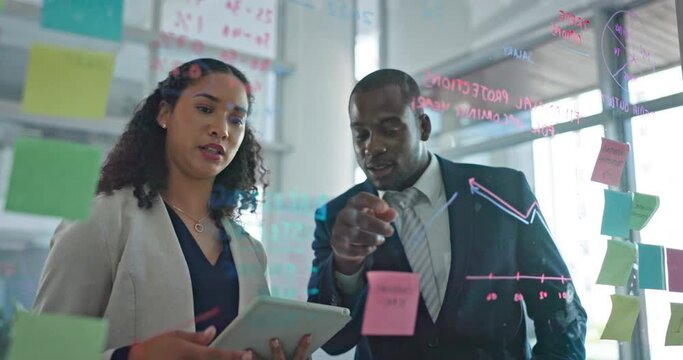 Teamwork, brainstorming and woman with businessman at presentation, ideas at startup and sticky note on glass wall. Strategy, planning and team coaching in meeting at workshop for agency partnership.