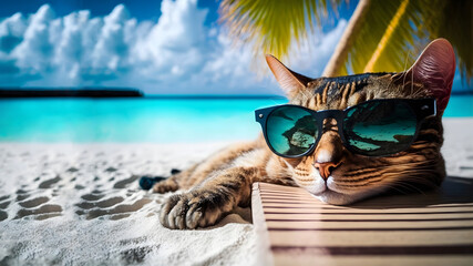 tabby cat with sunglasses laid on tropical beach, neural network generated image, vacation concept