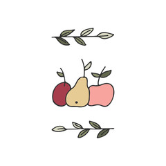 Set of fruits with leaves. Doodle style. Hand drawn linear illustration. Vector