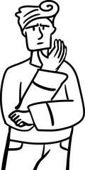Vector drawing of a man. He is thoughtful and doubtful, thinking serious. A contour, silhouette. In cartoon style, flat. On a white background, isolated. For topics about business and finance