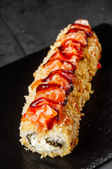 warm sushi roll hot dog in panko breadcrumbs