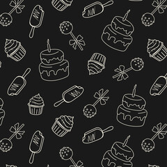 the pattern is seamless with sweets on white black with white lines. Vector poster with cakes, cupcake, popsicle, cake pops.