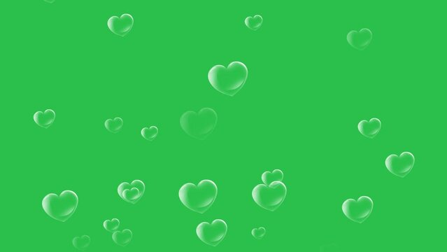 Raising heart shaped bubbles on green screen background motion graphic effect. 