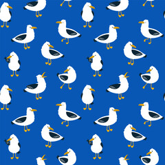 Seamless pattern with characters of cute seagulls on a blue background. Cartoon hand drawn vector illustration.