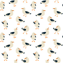 Seamless pattern with characters of cute seagulls on a white background. Cartoon hand drawn vector illustration.