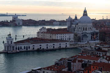 Venice city view from above. Golden hour photo. Beautiful Italian architecture in details. 