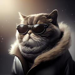 chic cat charisma wearing coat, wearing sunglasses, funny, fashion, pic as wallpaper, poster, t shirt and others