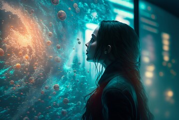 A woman in front of a futuristic interface