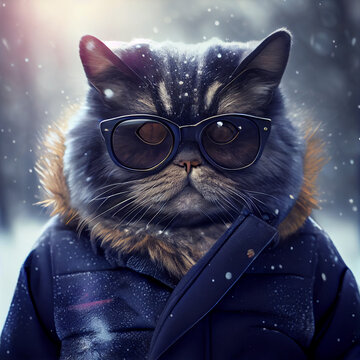 chic cat charisma wearing coat, wearing sunglasses, funny, fashion, pic as wallpaper, poster, t shirt and others