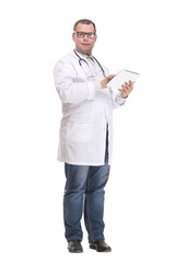 Smiling doctor with tablet computer isolated over white background