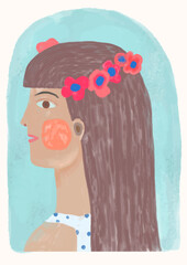 Woman with flowers. watercolor vector illustration. Portrait painting of a girl. colorful artwork
