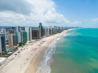 Aerial view of the seafront of boa viagem beach in city pf recife, pernambuco, brazil