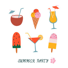 Vector summer time illustration card with ice cream, coconut,  cocktails and lettering Summer Party. Summer vacation concept. Good for posters
