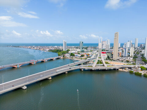 Aerial view of the cacble-stayed bridge in the pina neighborhood in the city of recife, pernambuco, brazil