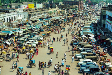 Crowded street in a commercial district of a small town in India