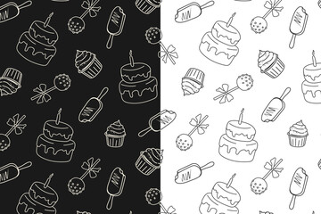 the pattern is seamless with sweets on white and black lines. Vector poster with cakes, cupcake, popsicle, cake pops for a pastry shop.