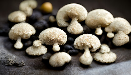 Raw mushrooms champignons on black background