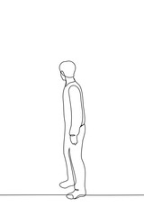 man stands with his back to the viewer - one line drawing vector. concept turn around, look back, turn away