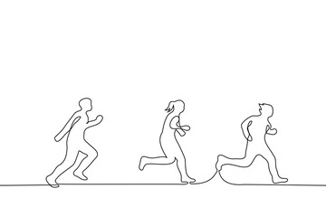 group of people running - one line drawing vector. concept marathon with athletes