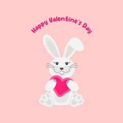 Cute rabbit with heart . Valentines Day greeting card, Illustration of Love and Valentine`s day. Vector illustration in cartoon flat style.