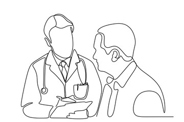 One continuous line drawing of young male doctor giving consultation session to female patient while reading medical record. Hospital health care concept single line draw design vector illustration