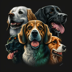 T-shirt design depicting happy different breeds of dogs