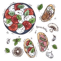 cute hand drawn Italian food, colorful illustration