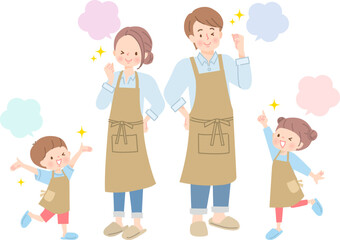 エプロン姿の4人家族のポジティブな表情セット