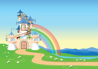 Obraz na płótnie Canvas Fairytale background with princess castle in blooming valley. Castle with blue flags, precious hearts, rooftops, towers and gates in a beautiful landscape. Vector illustration for a fairy tale.