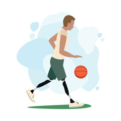 Fototapeta premium young man with prosthetic legs plays basketball. Limb prosthetics and rehabilitation. Thank you doctors and nurses. Vector illustration.