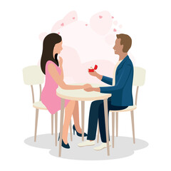 young man holds a diamond ring in his hand and proposes marriage to a young woman. Beautiful young and loving couple. Happy Valentine's Day. Vector illustration.