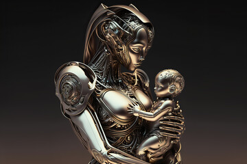 Robot mother cradling her tiny robot newborn baby. Post-processed digital AI art	
