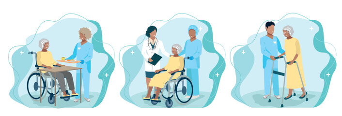 Friendly nurses caring for an elderly woman, set of vector illustrations isolated on a white background. Thank you doctors and nurses.