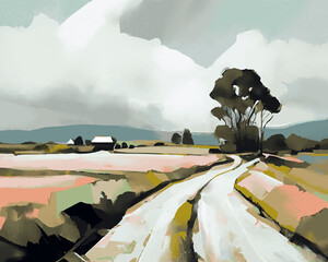 A digital painting of a pathway leading up to a farm house in the countryside © miketea88