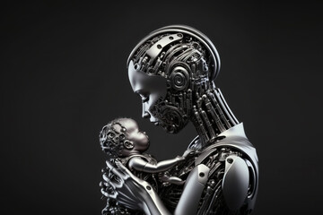 Robot mother cradling her tiny robot newborn baby. Post-processed digital AI art	
