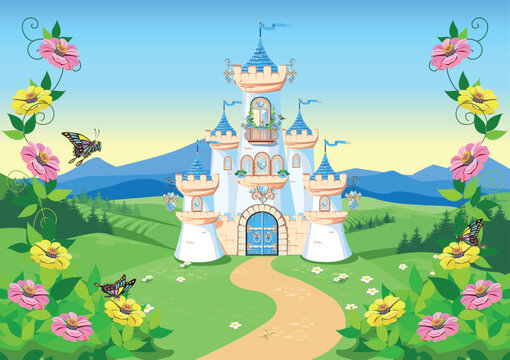 Fairytale background with princess castle in blooming valley. Castle with blue flags, precious hearts, rooftops, towers and gates in a beautiful landscape. Vector illustration for a fairy tale.