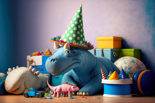 Cute Sleepy Dinosaur In Hat Among Toys On Table