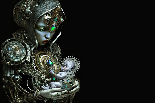 Robot mother cradling her tiny robot newborn baby. Post-processed digital AI art	