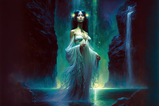 Lake nymph. Beautiful water goddess. Post-processed digital AI art