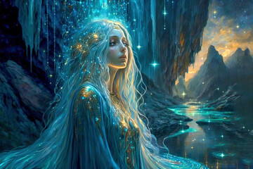Lake nymph. Beautiful water goddess. Post-processed digital AI art