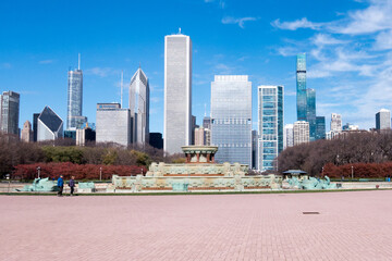 Empty Buckingham Fountain, Grant Park, Chicago, looking north with Skyscrapers in background on late fall day.
