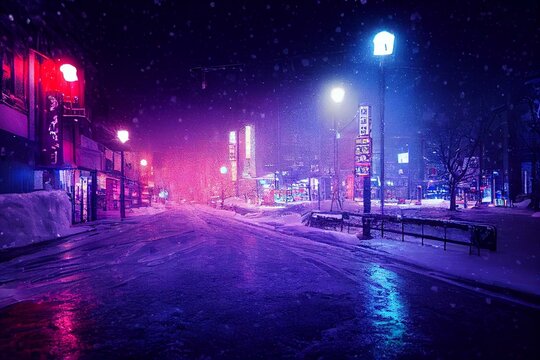 Snowy Tokyo Streets At Night With Purple Neon Lights At Winter Christmas, Abstract. Generative AI