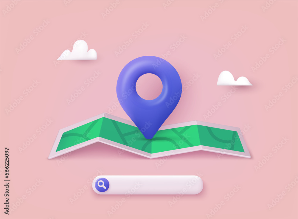 Poster navigator pin white color mock up with map. search place. gps navigation and travel location. 3d web